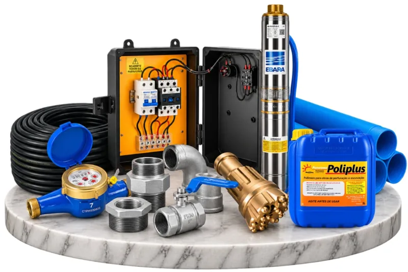 Kit para poço artesiano: bomba submersa Ebara, painel de comando, cabo, conexões, hidrômetro, tubo e polímero